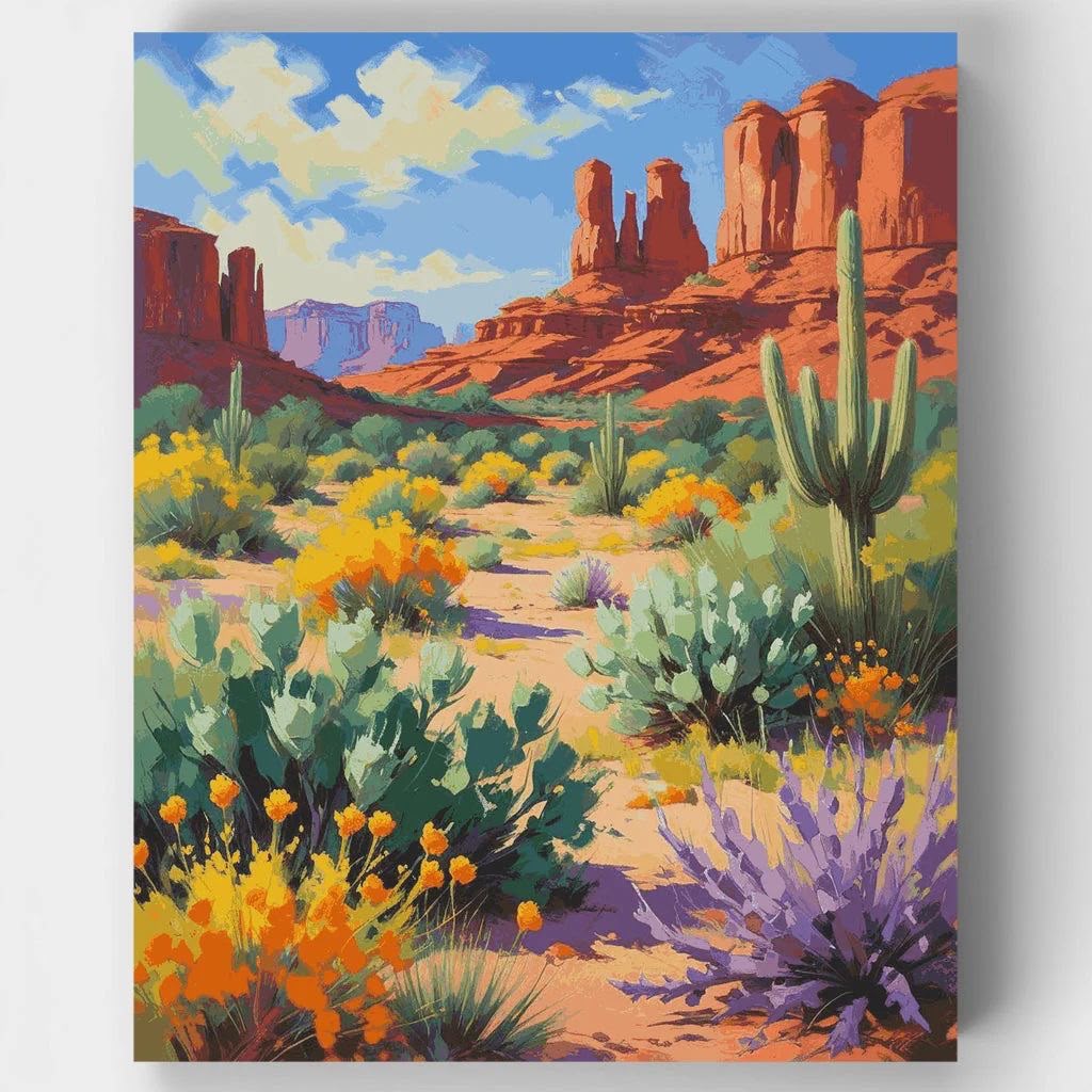 Vibrant flat-style desert landscape with red rock buttes, saguaro cactus, yellow wildflowers and lavender shrubs