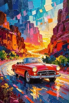 Vintage red convertible car speeding through a colorful canyon at sunset in bold impasto style
