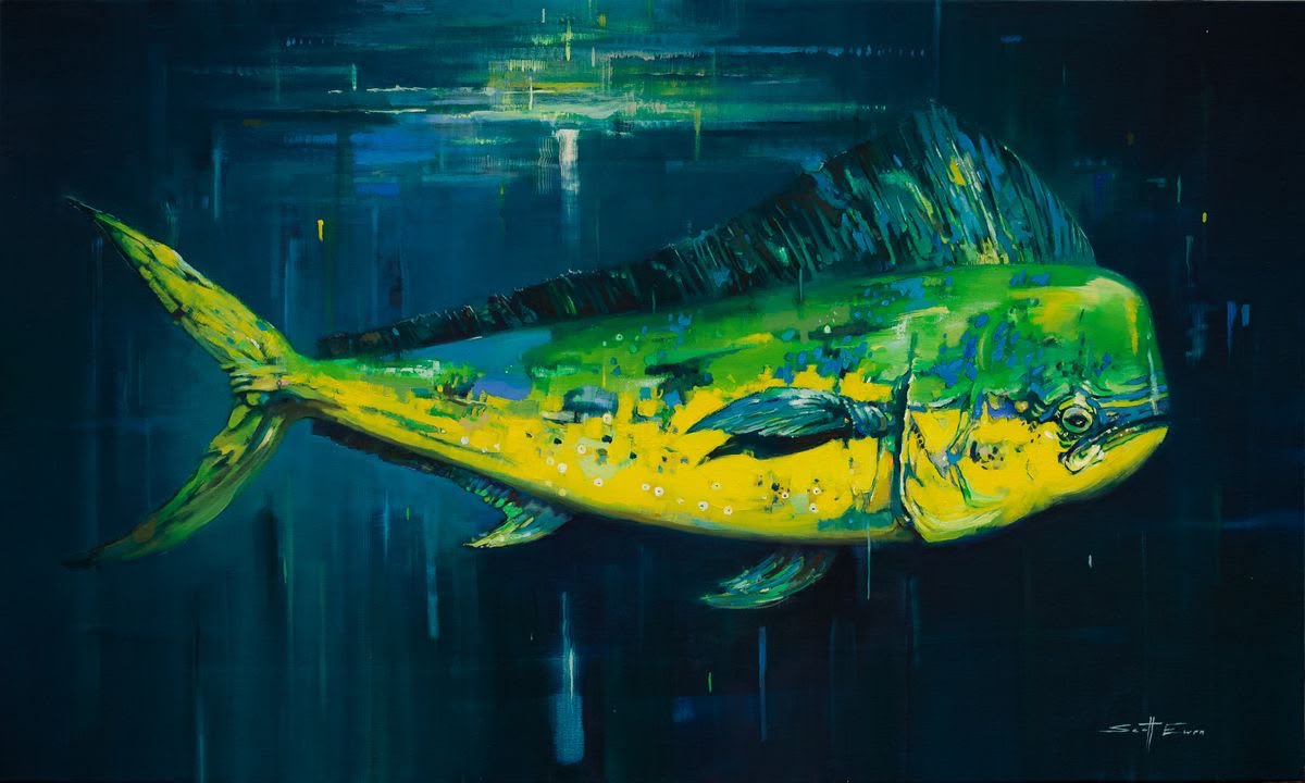 Luminous yellow-green mahi-mahi fish swimming on a deep dark teal and blue abstract background