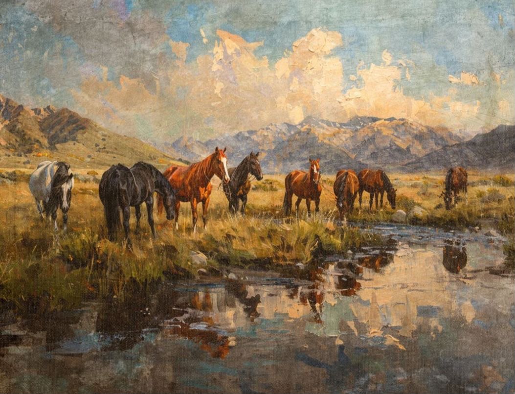 Herd of wild horses gathered at a mountain stream with dramatic sky and rugged peaks behind