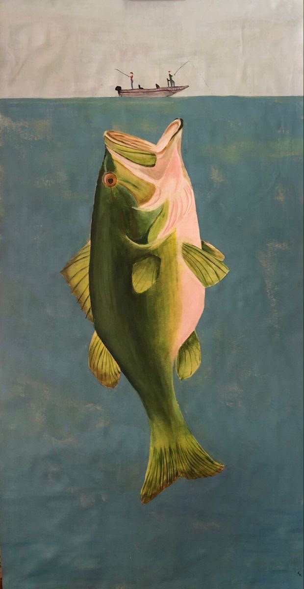 Surreal painting of a giant largemouth bass underwater with two tiny fishermen in a boat visible above the waterline