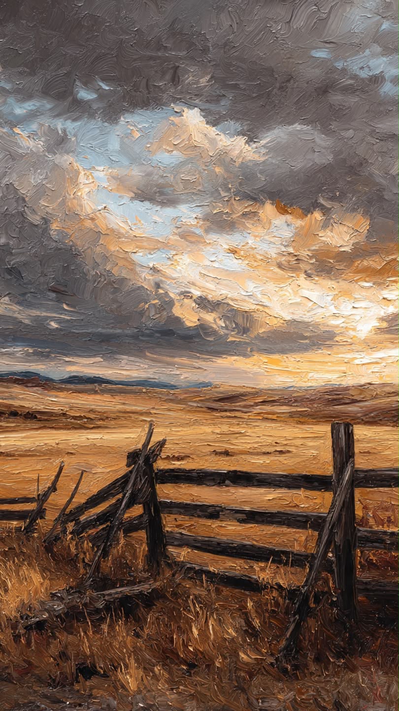 Broken wooden fence in a golden prairie under a dramatic storm sky with golden light breaking through dark clouds