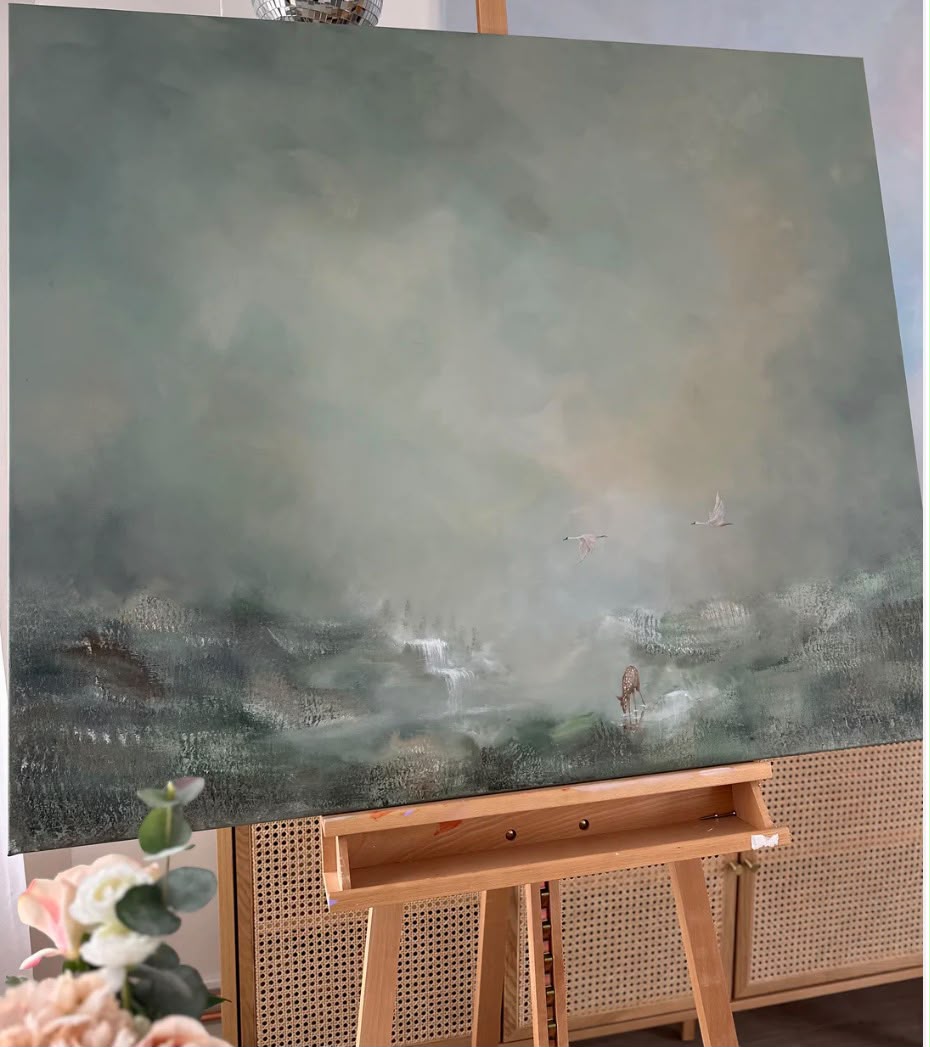 Large atmospheric canvas with a deer drinking at water and two white birds in flight through green mist