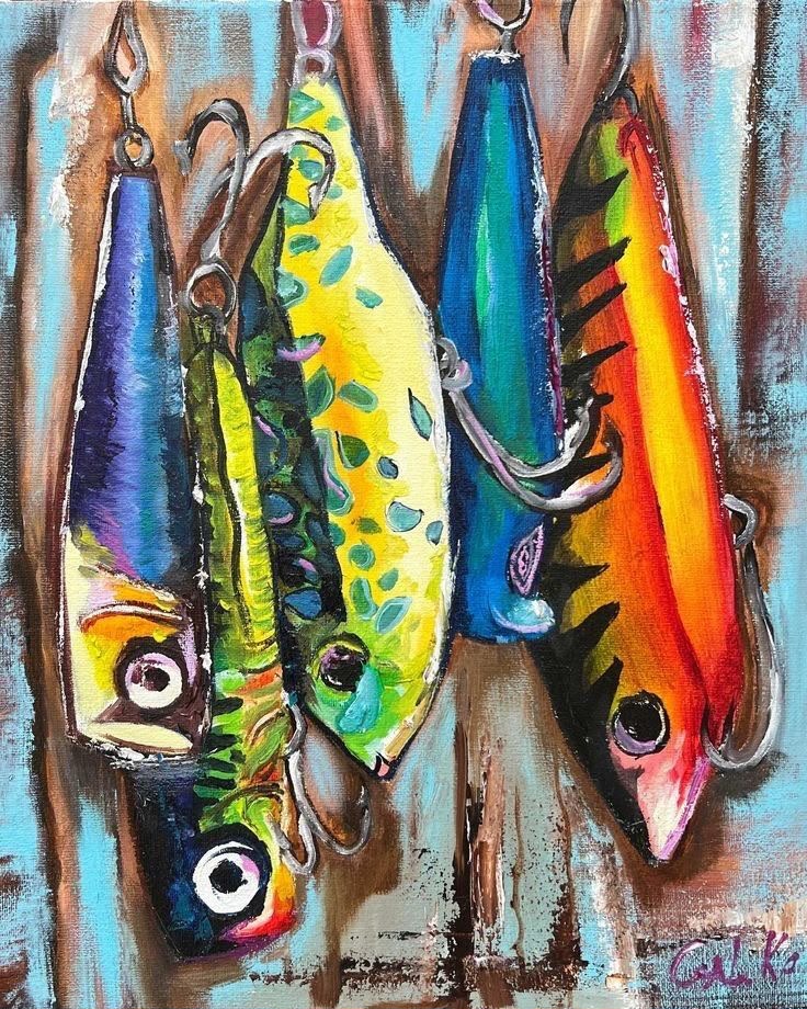 Four colorful fishing lures hanging side by side painted in bright acrylics on a teal weathered wood background