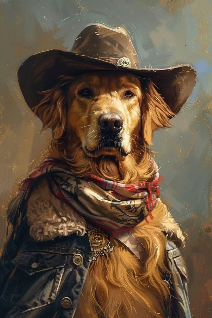 Highly detailed oil-style portrait of a golden retriever dressed as a cowboy sheriff with a wide-brim hat, plaid bandana, leather jacket, and star badge