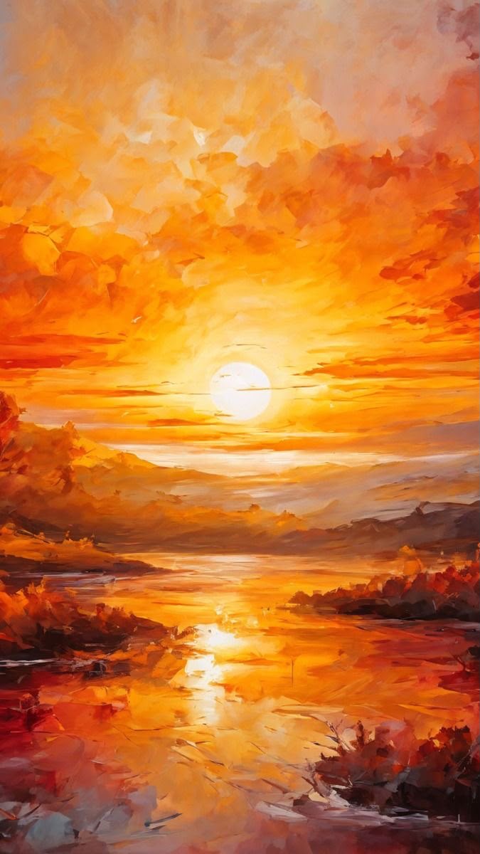 Blazing orange-red sunset with glowing white sun reflected across a wide calm river surrounded by autumn trees