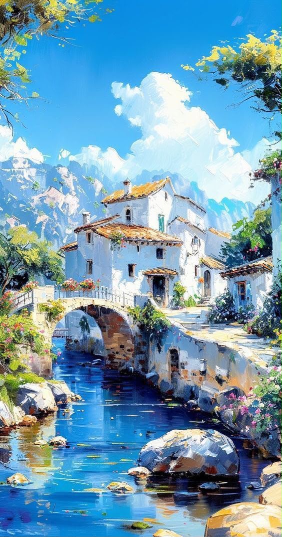 Impressionist Mediterranean village with white facades, a stone arch bridge, and a vivid blue river