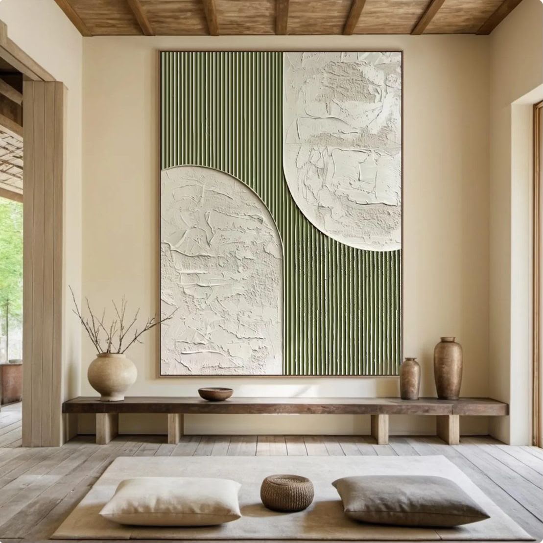 Large sage green vertical ridged relief and cracked white plaster arcs in a warm Japanese-style interior