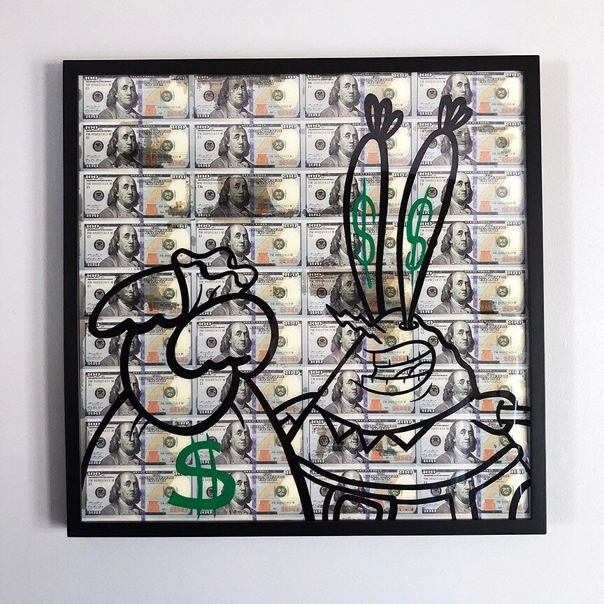 Pop art cartoon characters with dollar signs over a background of real $100 bills, in a black frame