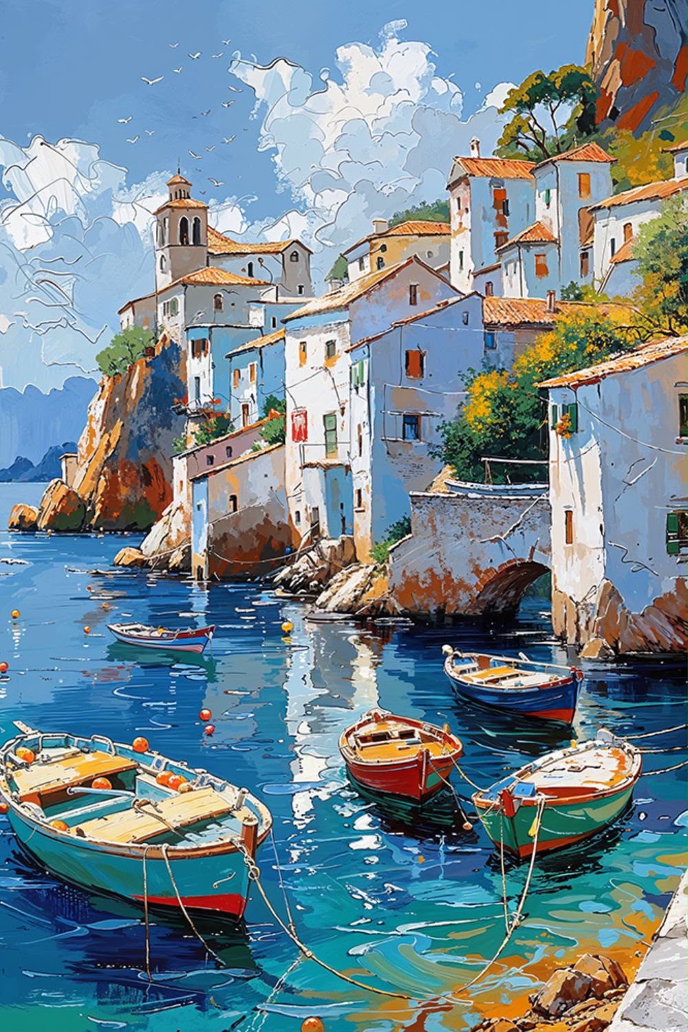 Mediterranean harbor scene with colorful fishing boats on teal water and whitewashed cliffside buildings
