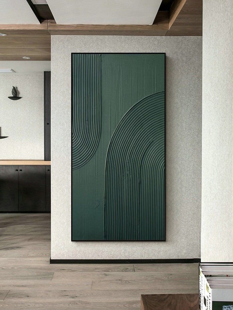Deep forest green monochromatic relief canvas with raised concentric arc lines, framed in black