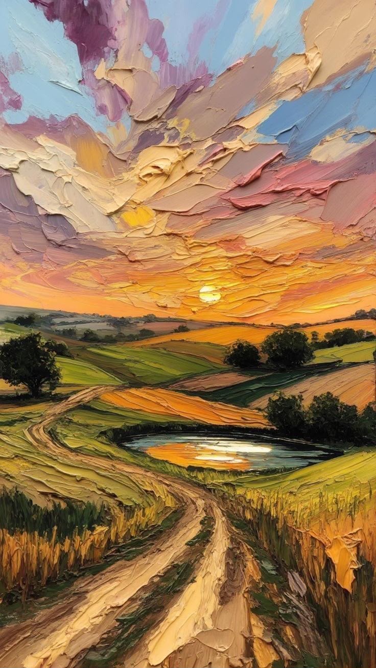 Heavily textured impasto sunset over rolling green hills with a dirt road and purple-gold sky