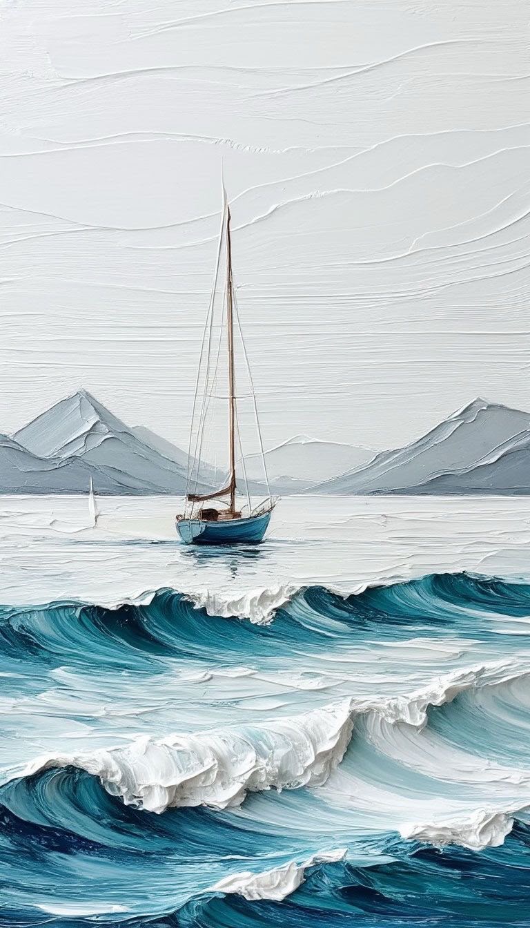 Sailboat on teal rolling waves under a heavily textured white sky with gray mountain silhouettes in the background