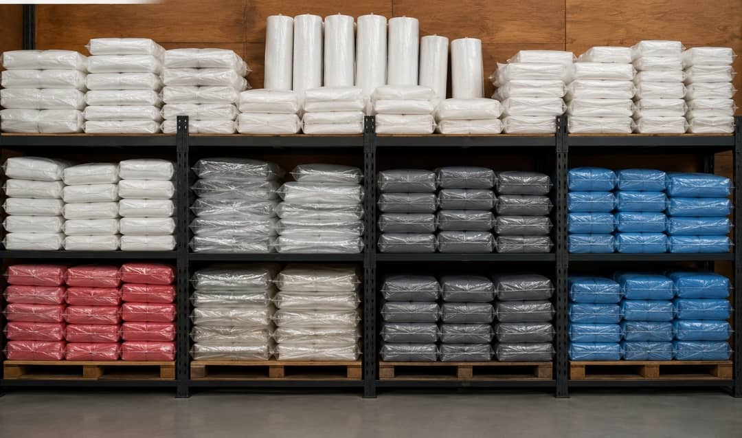 Warehouse Shelving with Various Colored Bags