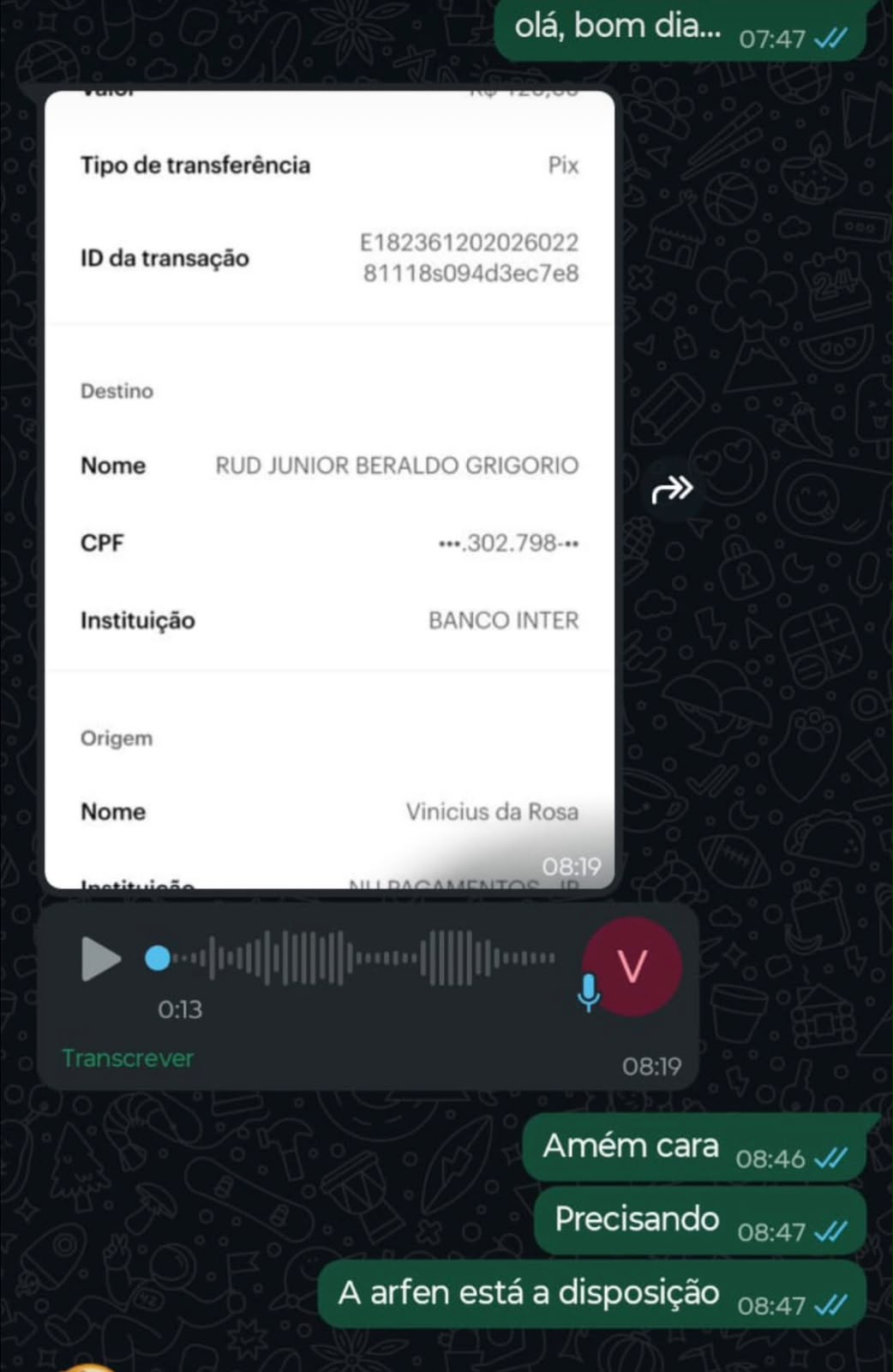 Depoimento — Pagamento Pix de Vinicius da Rosa confirmado