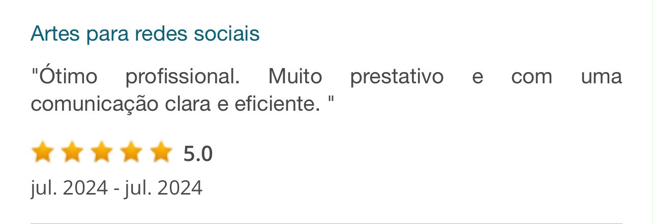 Depoimento — Artes para redes sociais: Ótimo profissional, muito prestativo e com comunicação clara e eficiente. 5.0 estrelas