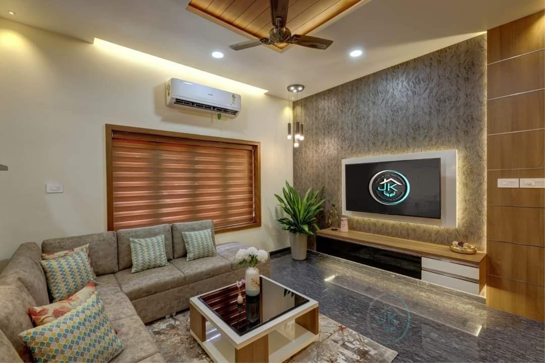 Modern living room with wooden zebra blinds, TV unit and sofa fitted by M.A Blinds & Curtains