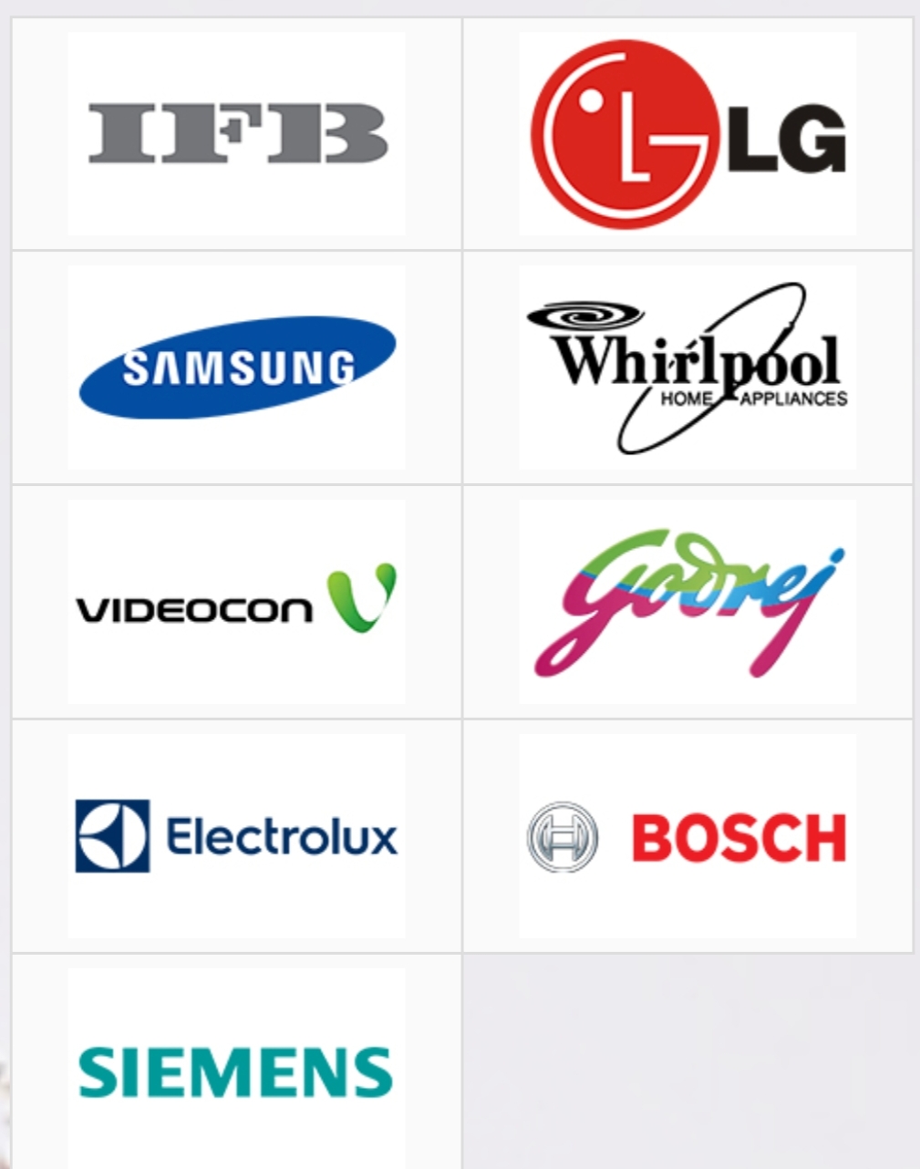 Major appliance brands we service: IFB, LG, Samsung, Whirlpool, Videocon, Godrej, Electrolux, Bosch, Siemens