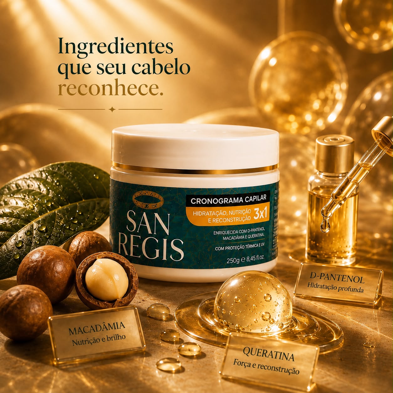 Ingredientes Premium - D-pantenol, macadâmia, queratina
