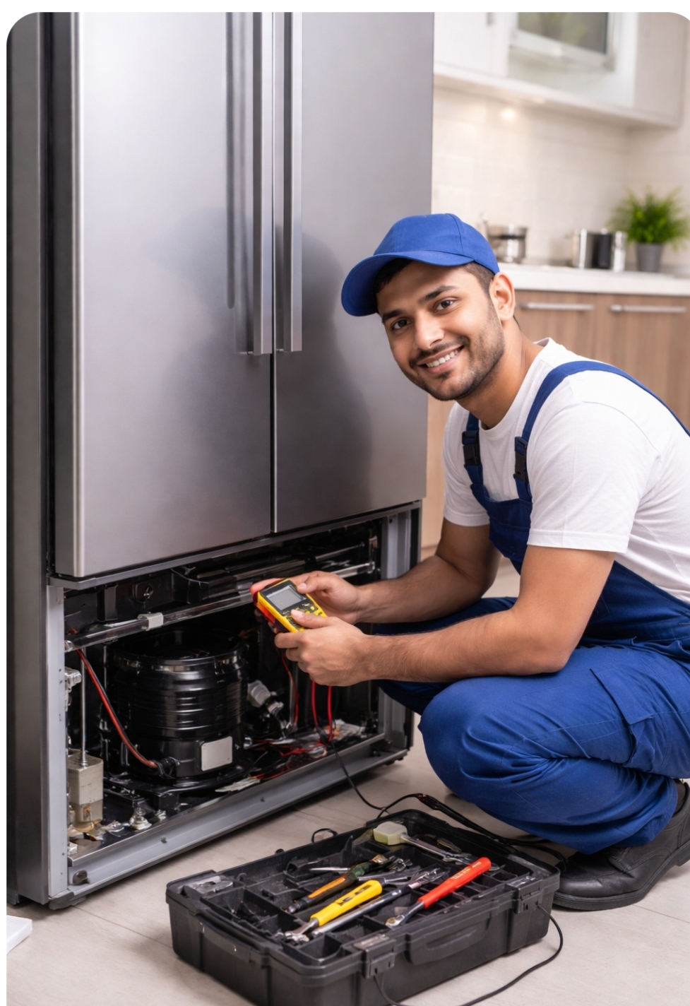 Professional technician in blue uniform using multimeter to diagnose refrigerator compressor