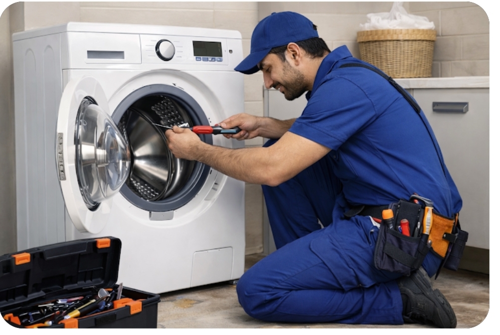 Professional technician repairing front load washing machine with tools