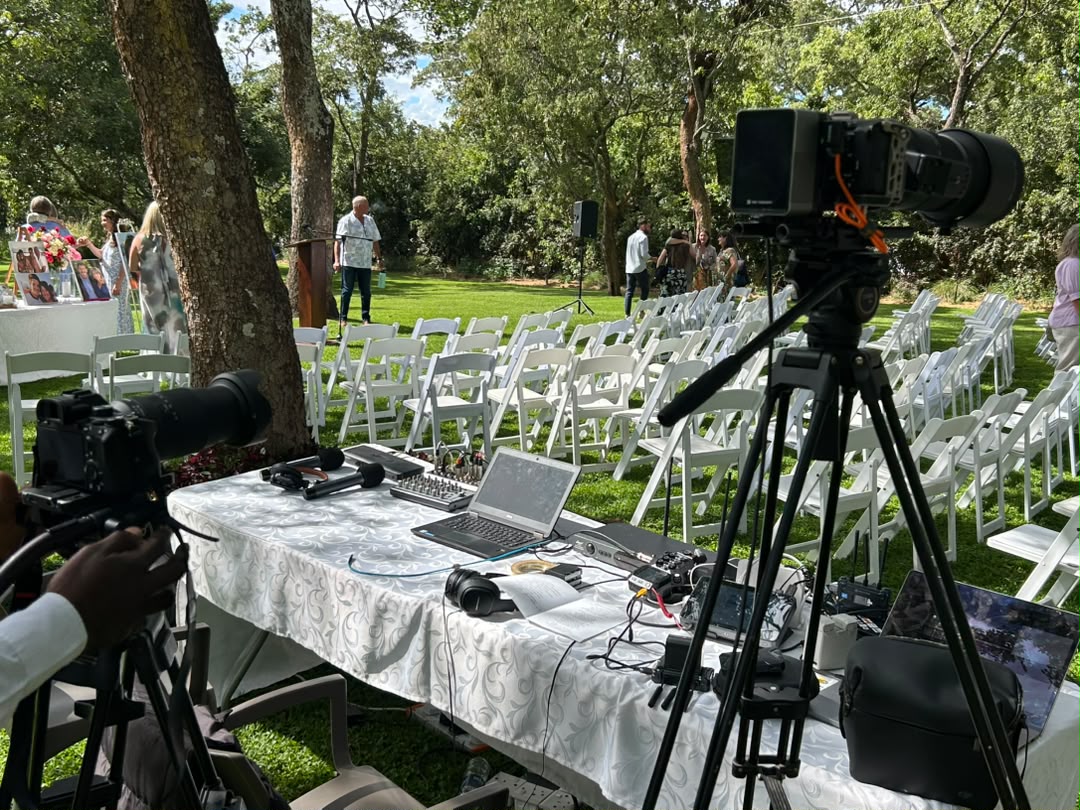 Professional outdoor event production with video cameras and monitoring equipment