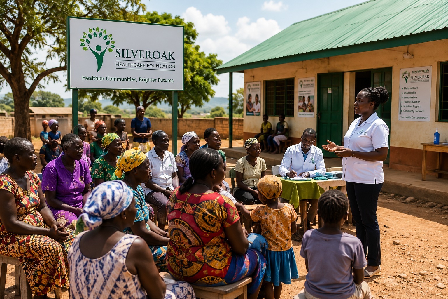 Healthcare worker conducting community health education at Silveroak Healthcare Foundation
