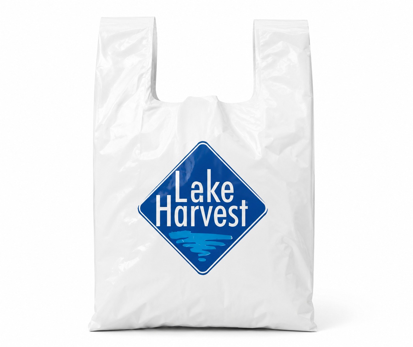 Custom printed white carrier bag with Lake Harvest branding