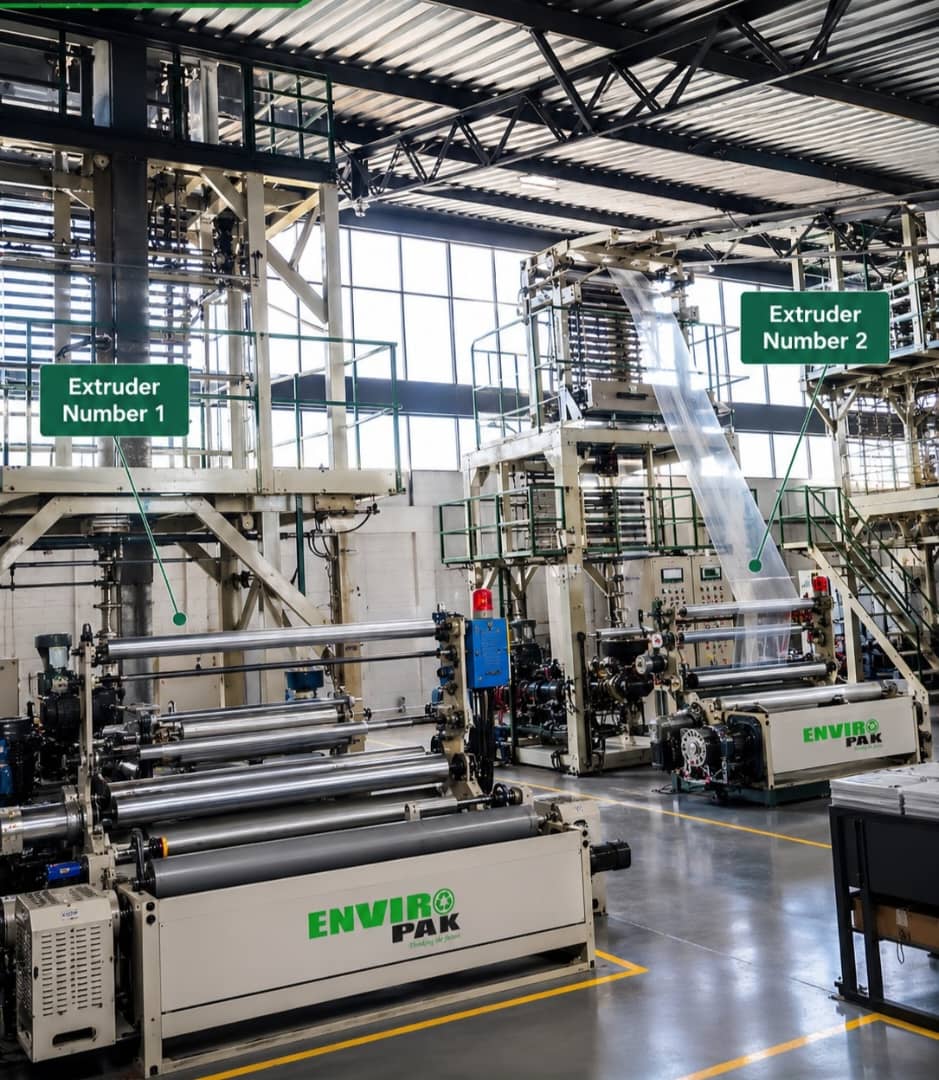 Enviro-Pak manufacturing floor with blown-film extruder lines