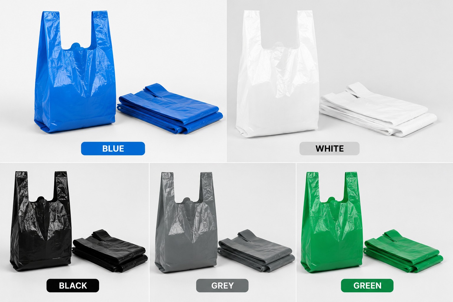 Carrier bags available in blue, white, black, grey, and green