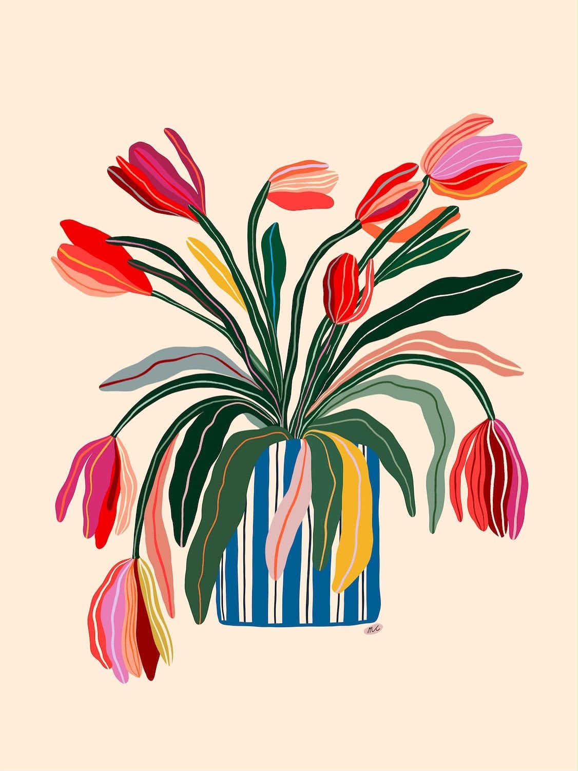 Cuadro ilustracion de tulipanes en jarron rayado azul