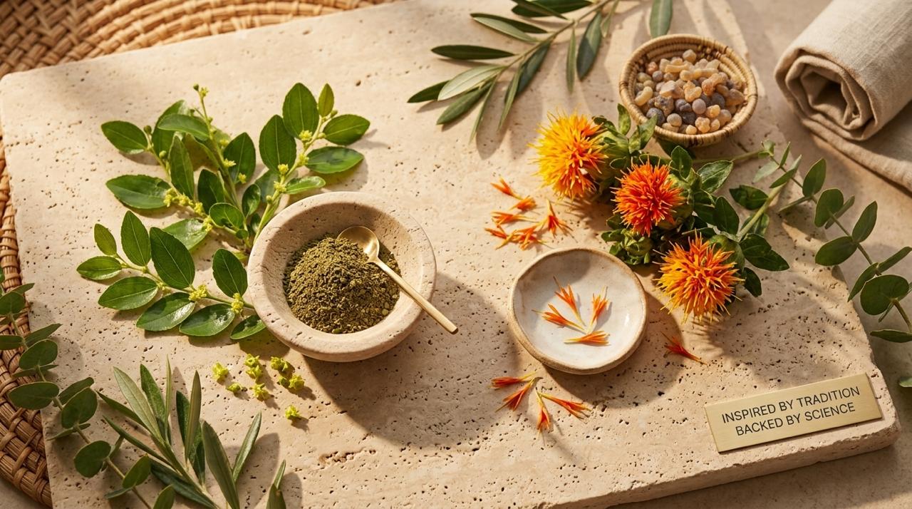 EMDIRA botanical ingredients arranged on a warm stone tray with safflower and Qasil