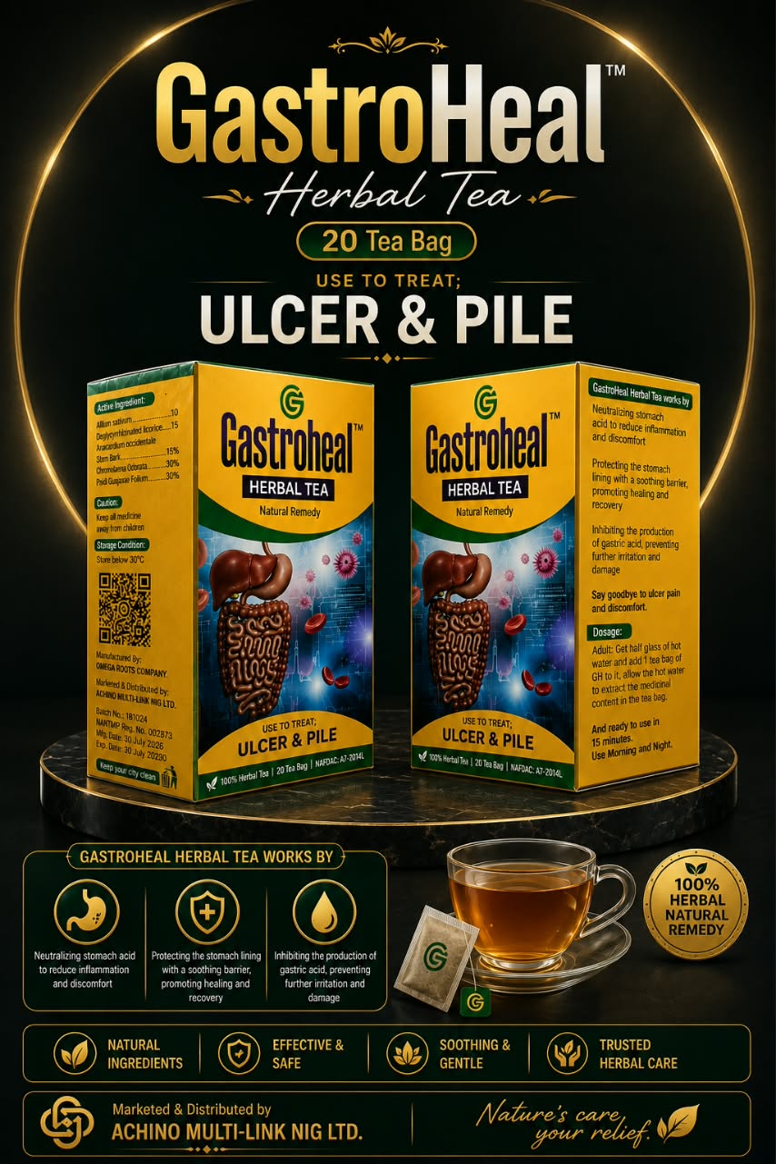 GastroHeal Herbal Tea product flyer showing two packs of the 20 tea bag box used to treat ulcer and pile