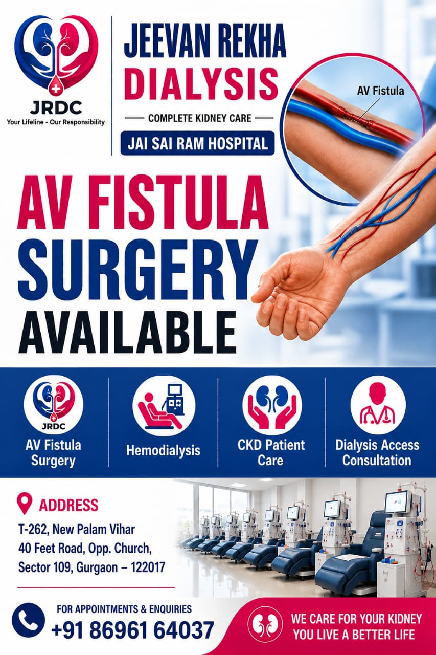 JRDC AV fistula surgery service poster with kidney-care services, hospital address, and appointment number