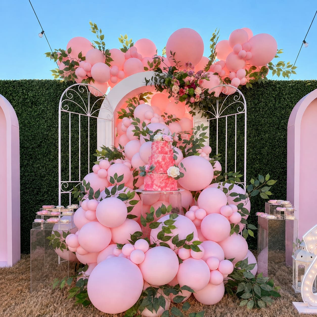 Pink balloon and floral backdrop with a birthday cake display