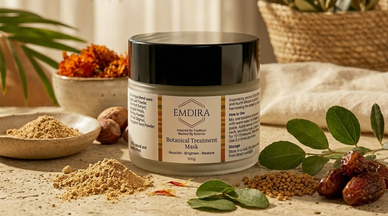 EMDIRA skincare serum poured over botanical ingredients