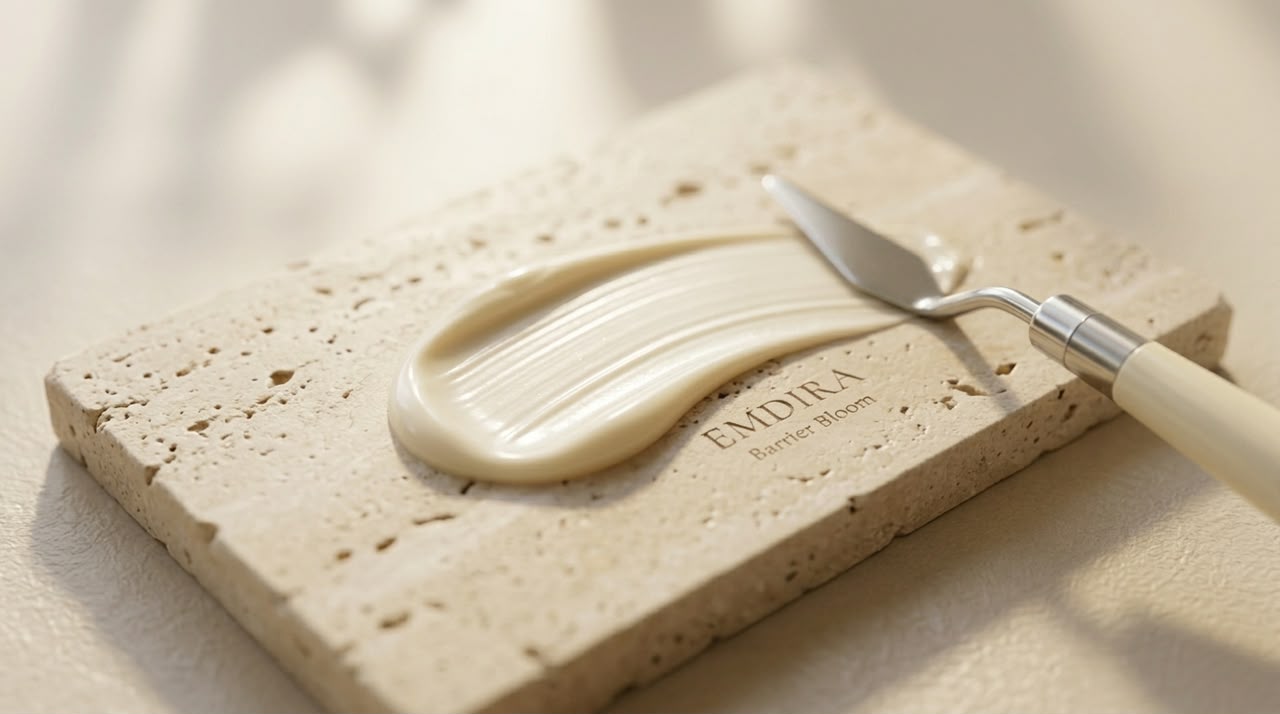 EMDIRA skincare ingredients and product texture arranged on a stone surface