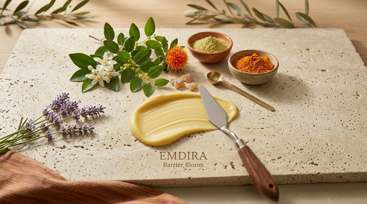 EMDIRA Barrier Bloom product and skincare ingredients arranged on stone