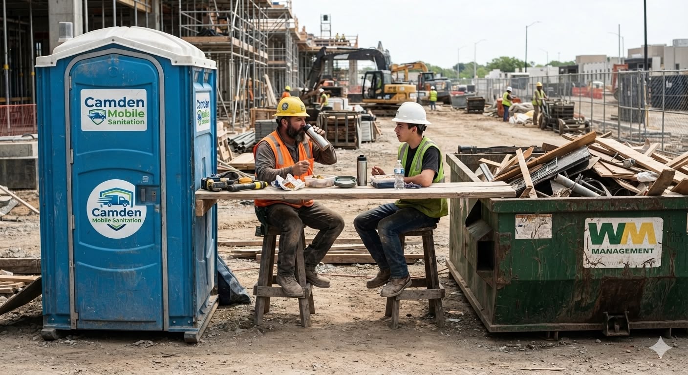 Portable toilet beside workers at a construction site