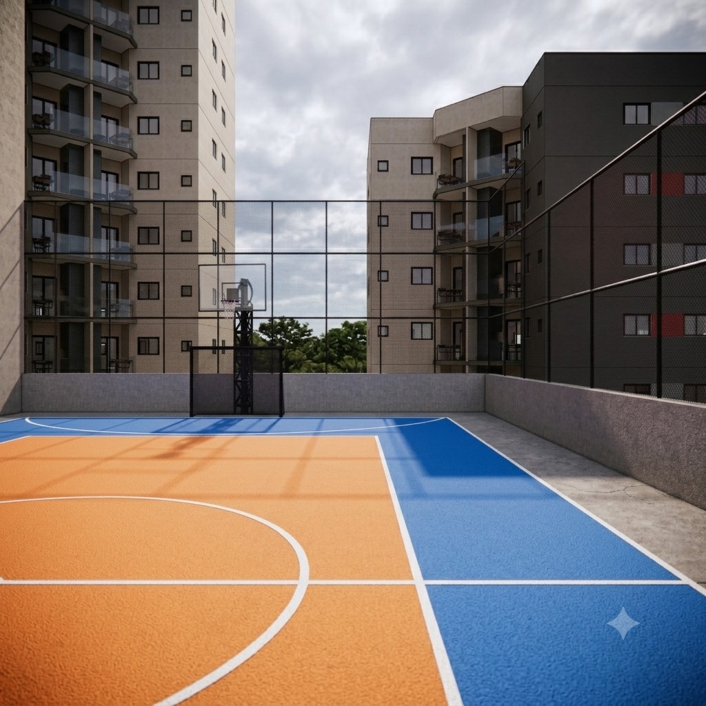 Perspectiva artística da quadra esportiva entre as torres