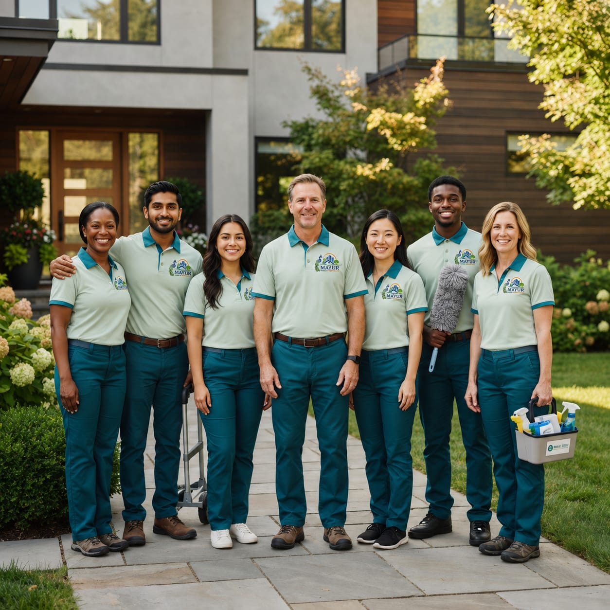 Mayur Homes & Hospitality staff team smiling together outside a modern home
