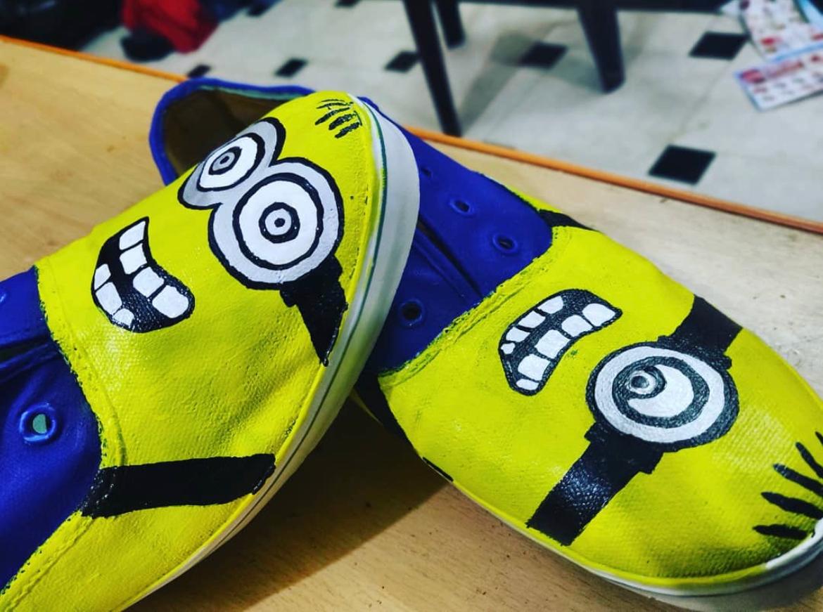 Hand-painted Minion shoes with bright yellow and blue painted details