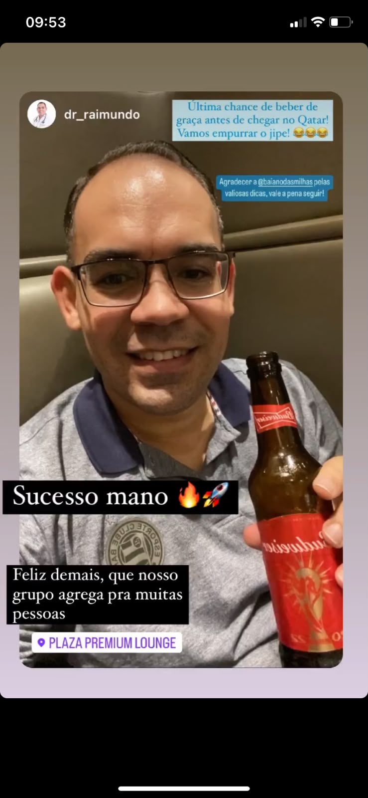 Story de aluno agradecendo ao Baiano das Milhas durante uma viagem