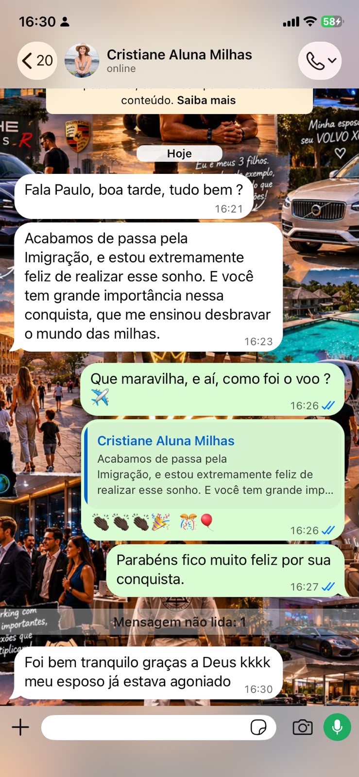 Mensagem de WhatsApp da aluna Cristiane após uma viagem internacional