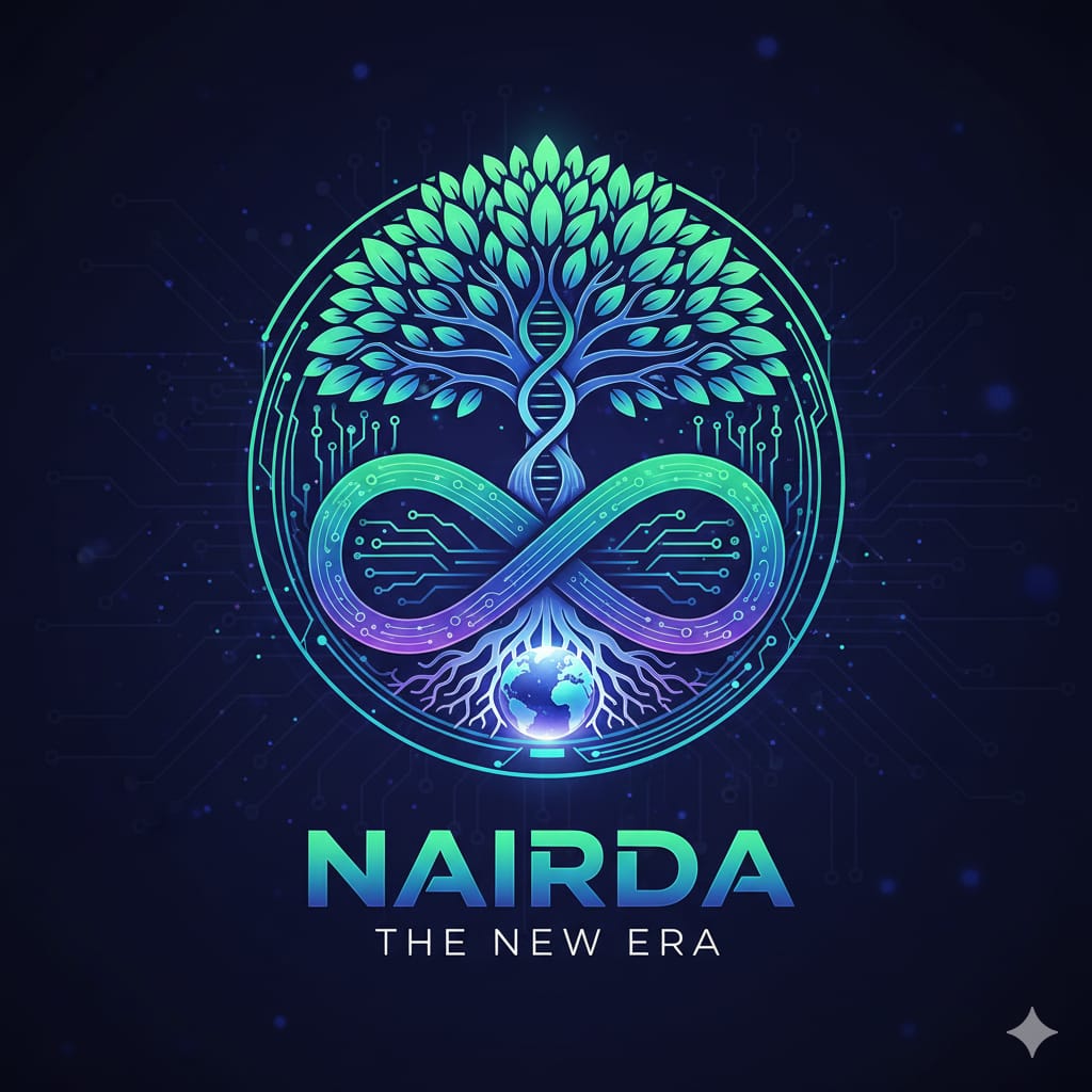 Logo-ul NAIRDA: arbore luminos, simbol infinit și glob în nuanțe turcoaz, verde și violet