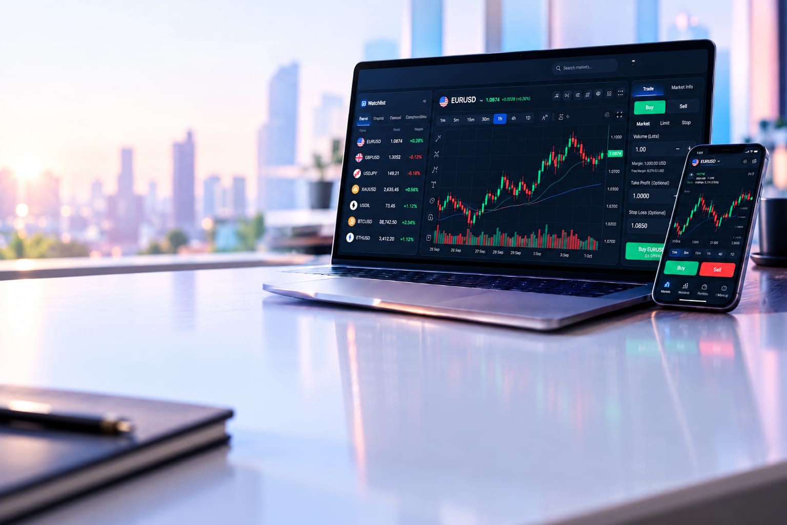Bright trading workspace with laptop and phone