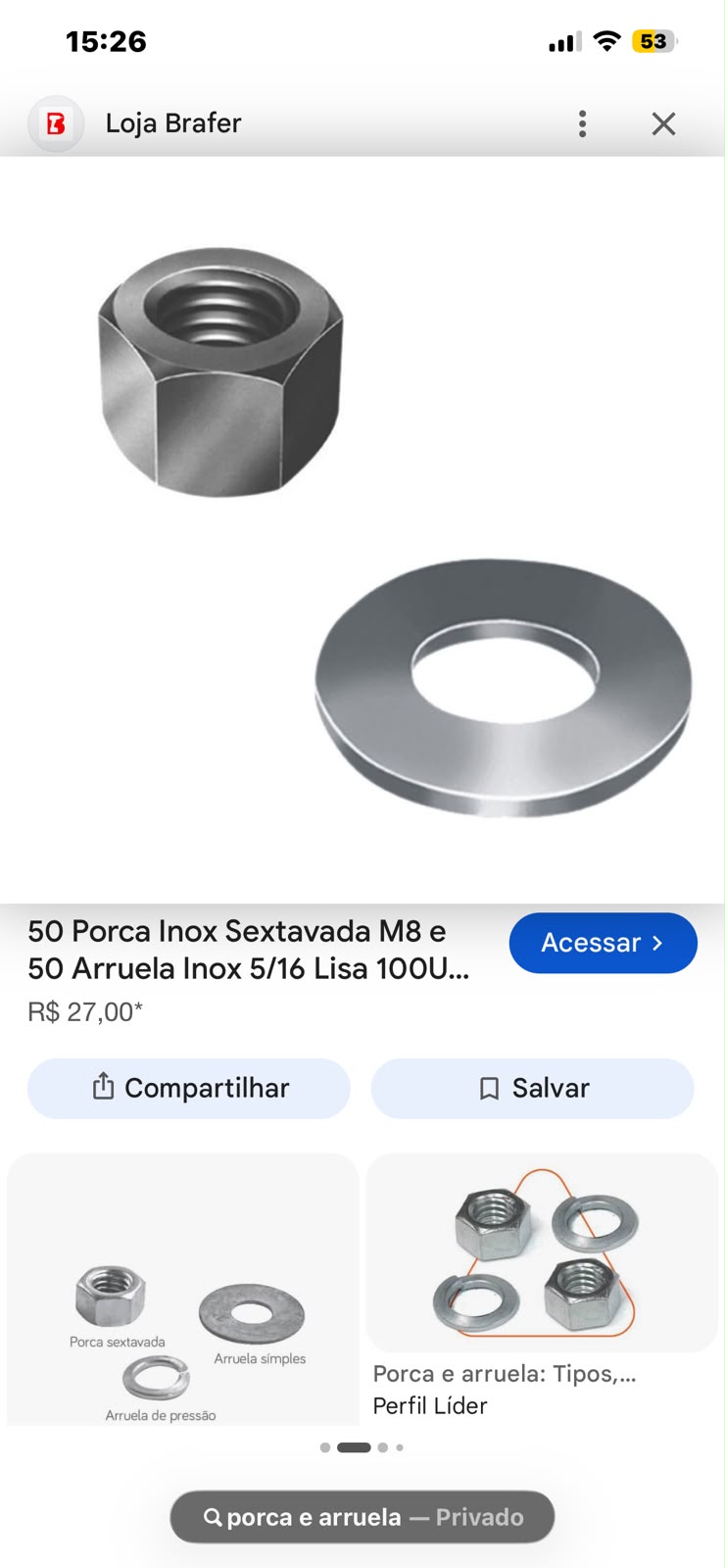 Kit Porca Sextavada M8 e Arruela Inox 5/16