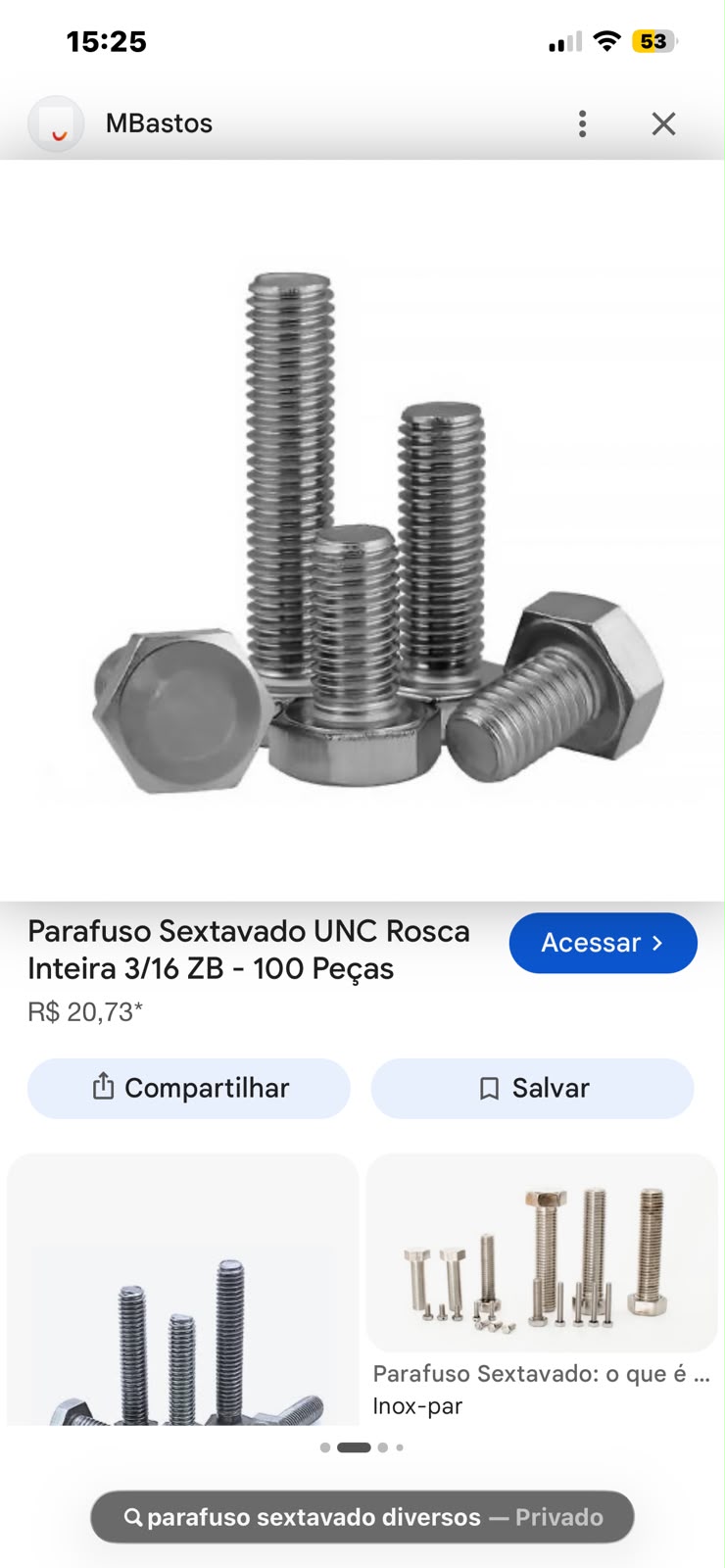 Parafuso Sextavado UNC Rosca Inteira 3/16 ZB — 100 Peças