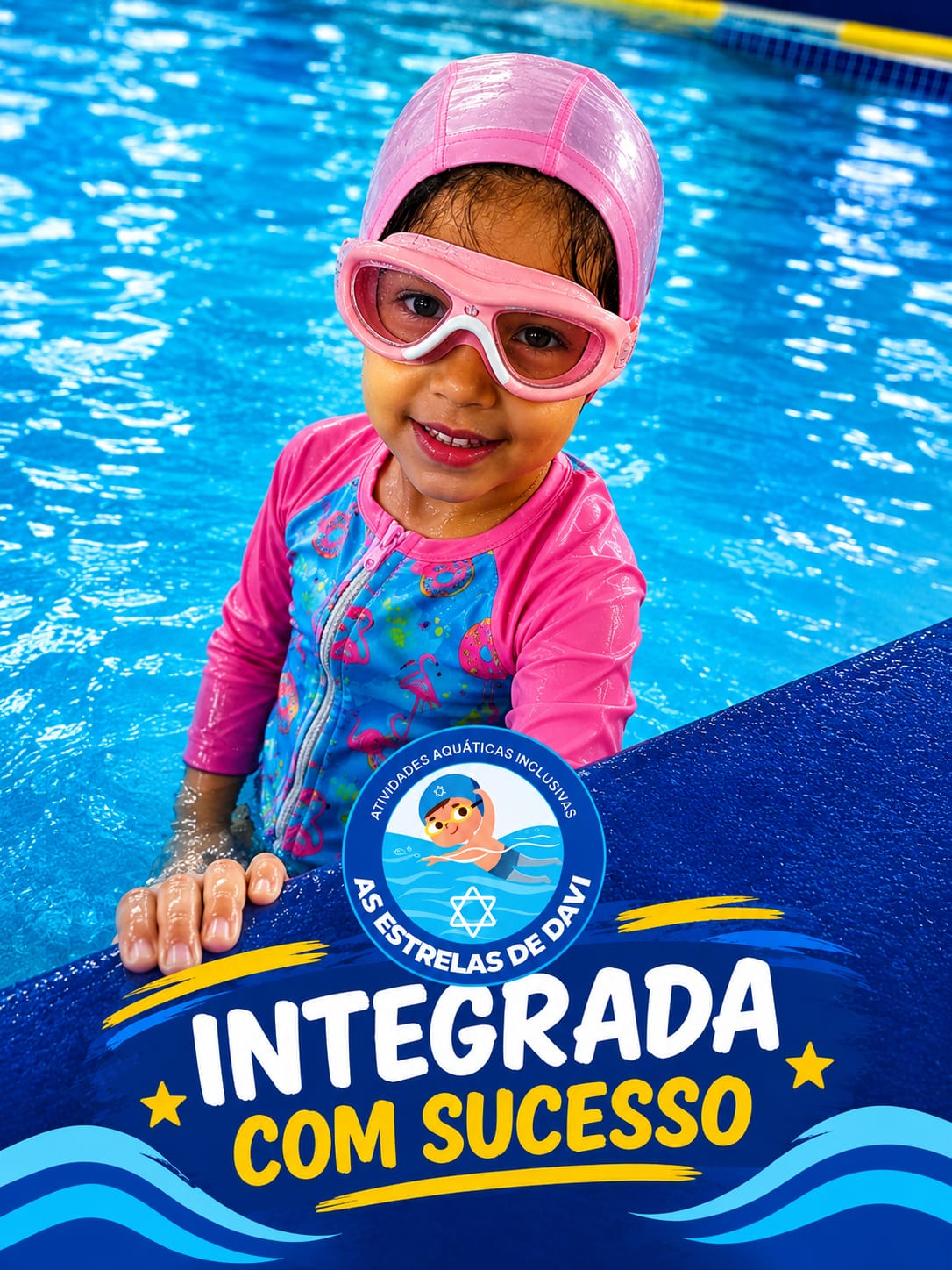 Arte do evento com uma criança na piscina e a mensagem Integrada com Sucesso.