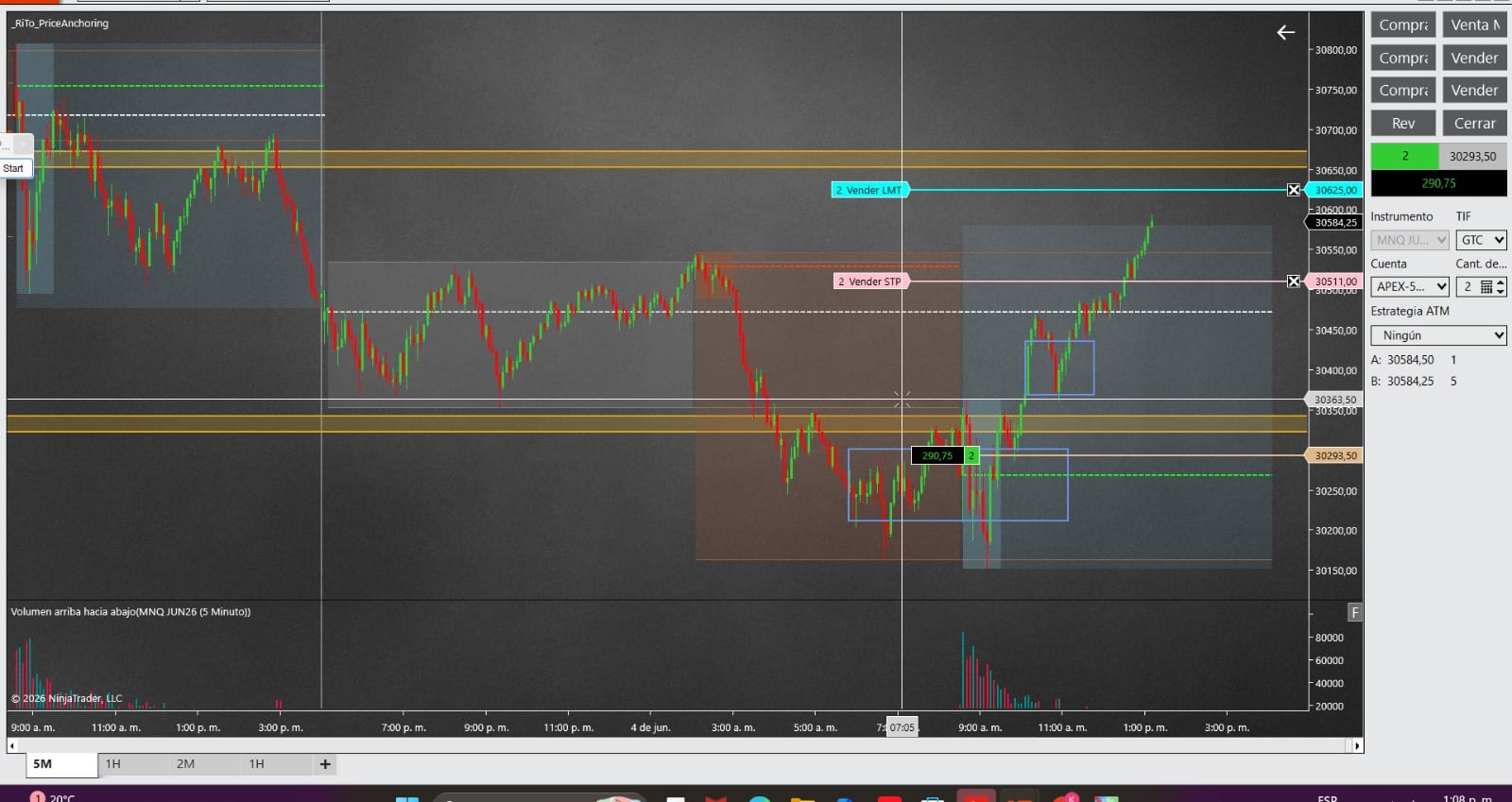 Session Matrix Pro chart in NinjaTrader showing price levels, session zones, candlesticks, and volume.